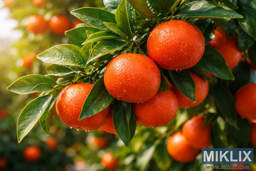 Cluster of ripe Dancy tangerines with deep red-orange peel hanging on a leafy citrus tree with dew droplets.