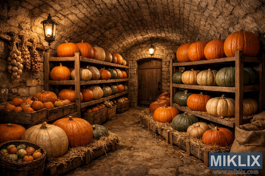 A rustic underground cellar with stone walls and shelves filled with pumpkins of various colors and sizes, softly lit by a lantern.