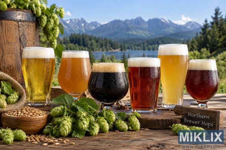 Six unbranded beer styles ranging from golden and hazy amber to copper, dark stout-like, and reddish-brown beers arranged on a rustic wooden table with fresh Northern Brewer hop cones, barley grains, a wooden barrel, and an alpine lake and mountain landscape in the background.