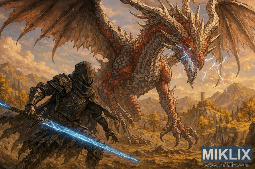 Fan art de style anime des Sans-Ã©clatÃ©s combattant lâAncien Dragon Lansseax sur le plateau dâAltus