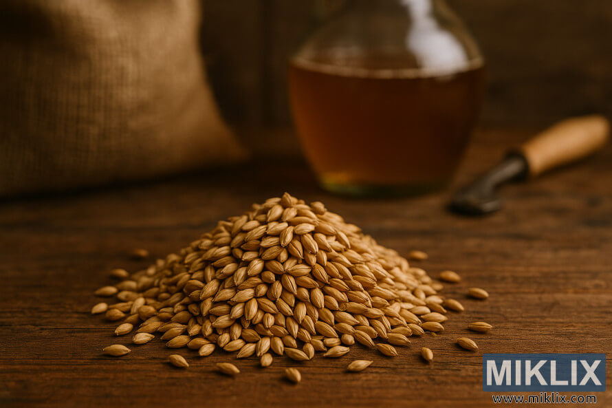 ç¹åéå¤´ï¼éè²æ¿è¯ºçéº¦è½å¤§éº¦å æ¾å¨æ¨æ¡ä¸ï¼èæ¯ä¸­å¯è§æ¨¡ç³çå®¶é¿å·¥å·åç»çå®¹å¨ã