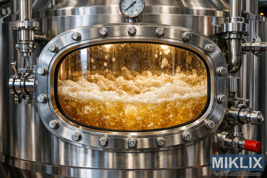 Stainless steel fermenter with glass window showing golden lager actively fermenting with rising bubbles and foam.