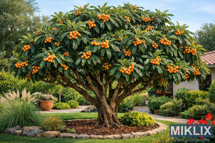 A mature loquat tree filled with clusters of orange fruit stands in the center of a landscaped home garden with flowers, shrubs, and a house in the background. A mature loquat tree filled with clusters of orange fruit stands in the center of a landscaped home garden with flowers, shrubs, and a house in the background.