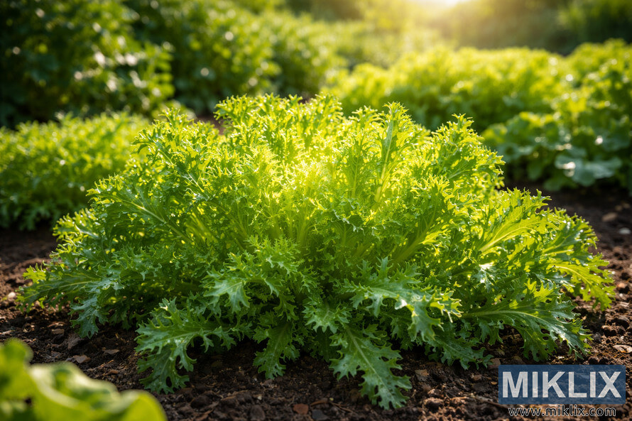High-resolution landscape photo of curly endive (frisÃ©e) with frilled green leaves growing in dark soil, illuminated by warm sunlight in a vegetable garden.