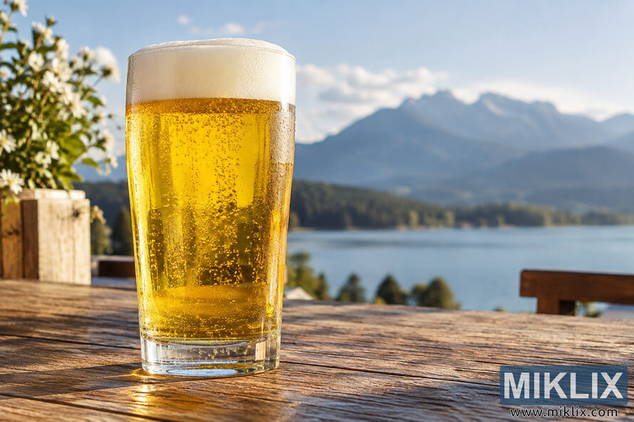 A clear glass of pale golden Helles Lager with a white foam head and visible carbonation on a rustic wooden table overlooking a blue lake and distant mountains. A clear glass of pale golden Helles Lager with a white foam head and visible carbonation on a rustic wooden table overlooking a blue lake and distant mountains.