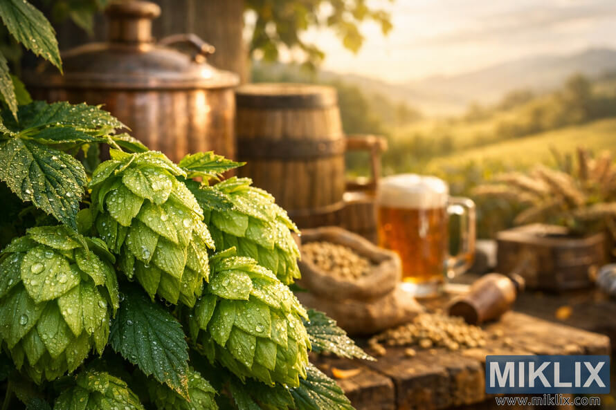 Close-up of dew-covered Santiam hop cones in warm morning light with rustic brewing equipment and rolling hills softly blurred in the background. Close-up of dew-covered Santiam hop cones in warm morning light with rustic brewing equipment and rolling hills softly blurred in the background.