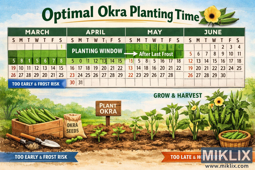 Illustrated gardening calendar showing the best time to plant okra between late March and early May, with a visual timeline of okra growth from seeds to harvest.