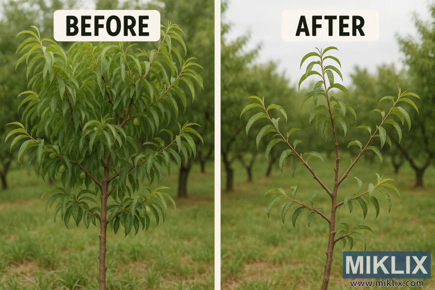 Side om side fÃ¸r- og efterbilleder af et ferskentrÃ¦, der viser korrekt beskÃ¦ringsteknik i en frugtplantage.