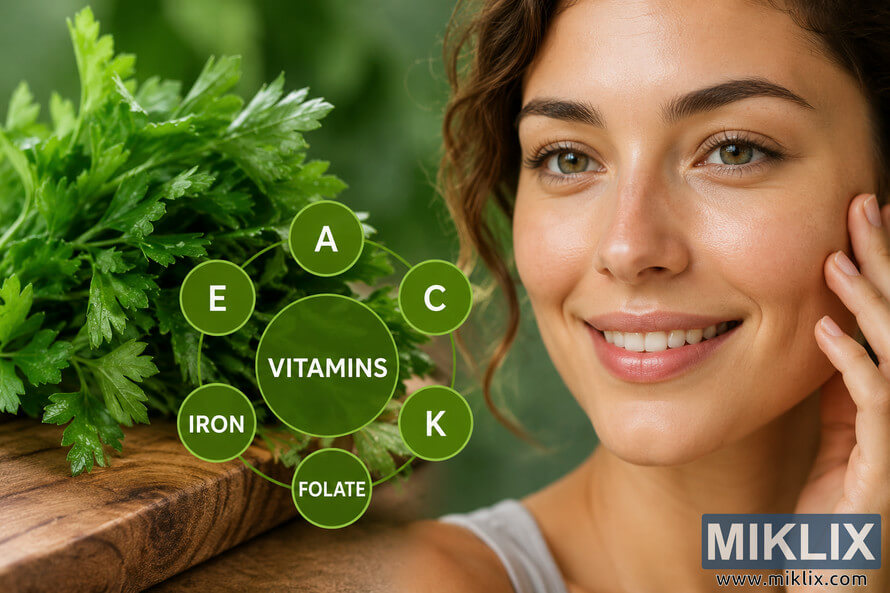 Close-up wellness image showing fresh green parsley beside a smiling woman with glowing skin and healthy eyes, surrounded by vitamin icons including vitamins A, C, E, K, folate, and iron on a soft green background. Close-up wellness image showing fresh green parsley beside a smiling woman with glowing skin and healthy eyes, surrounded by vitamin icons including vitamins A, C, E, K, folate, and iron on a soft green background.