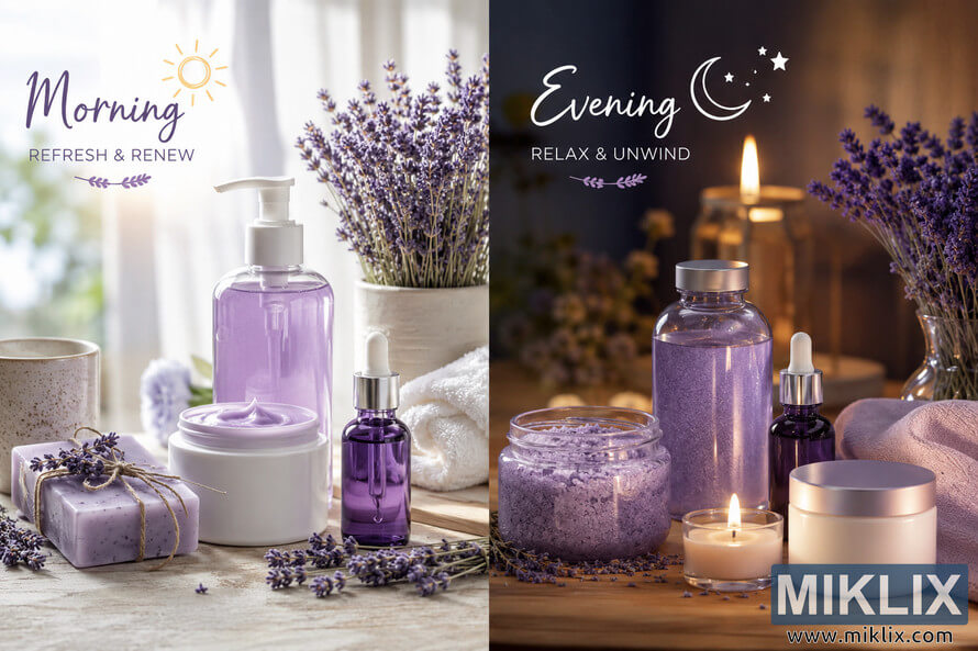 A calming split-scene wellness setup featuring lavender-themed skincare and spa products arranged for morning and evening self-care routines. The left side shows a bright morning atmosphere with lavender soap, cream, serum bottles, towels, and fresh lavender flowers in soft daylight, while the right side presents a cozy evening scene with candles, bath salts, creams, and lavender accents illuminated by warm ambient lighting.