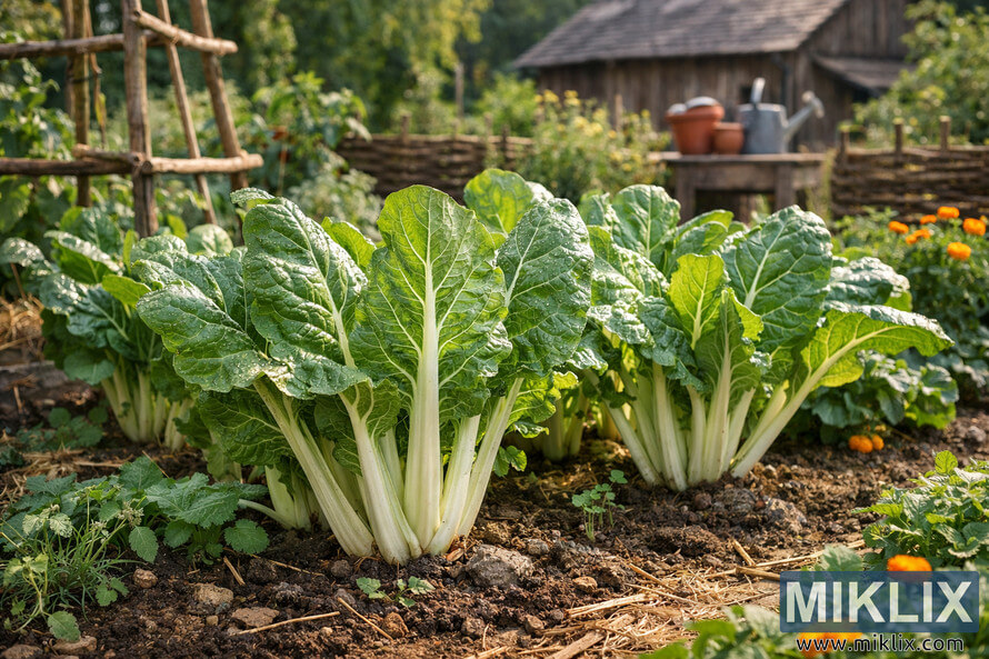 White chard plants growing in a rustic vegetable garden with a wooden shed and willow fence in the background.
