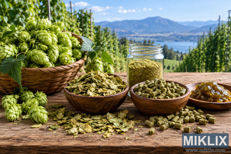 Landscape photograph of different forms of hops arranged on a rustic wooden table, including fresh green hop cones in a wicker basket, dried hop flakes, ground hops in a glass jar, compressed green hop pellets, and amber hop extract, with hop fields, water, and distant mountains in the background. Landscape photograph of different forms of hops arranged on a rustic wooden table, including fresh green hop cones in a wicker basket, dried hop flakes, ground hops in a glass jar, compressed green hop pellets, and amber hop extract, with hop fields, water, and distant mountains in the background.