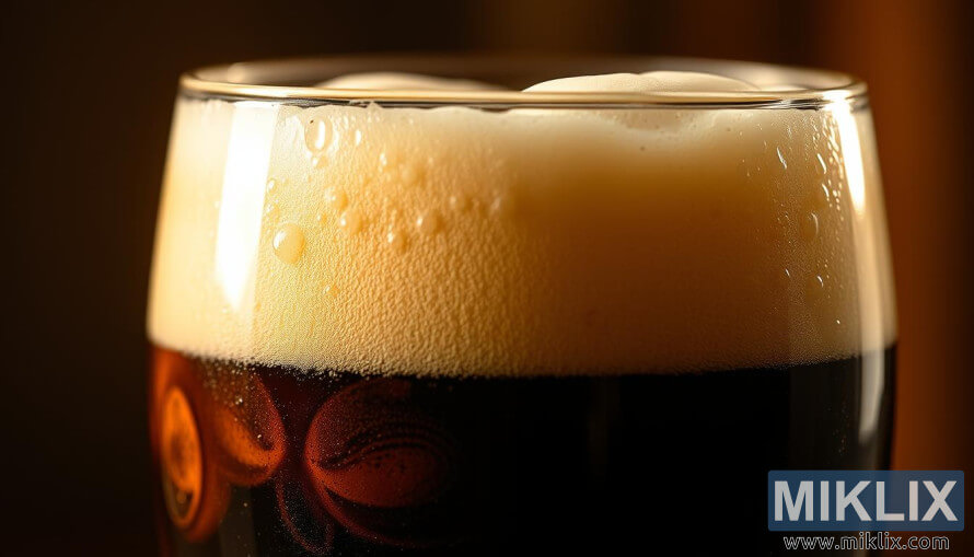 Et glas ristet bygÃ¸l med tÃ¦t, cremet skum og dyb mahognifarve i varmt lys.