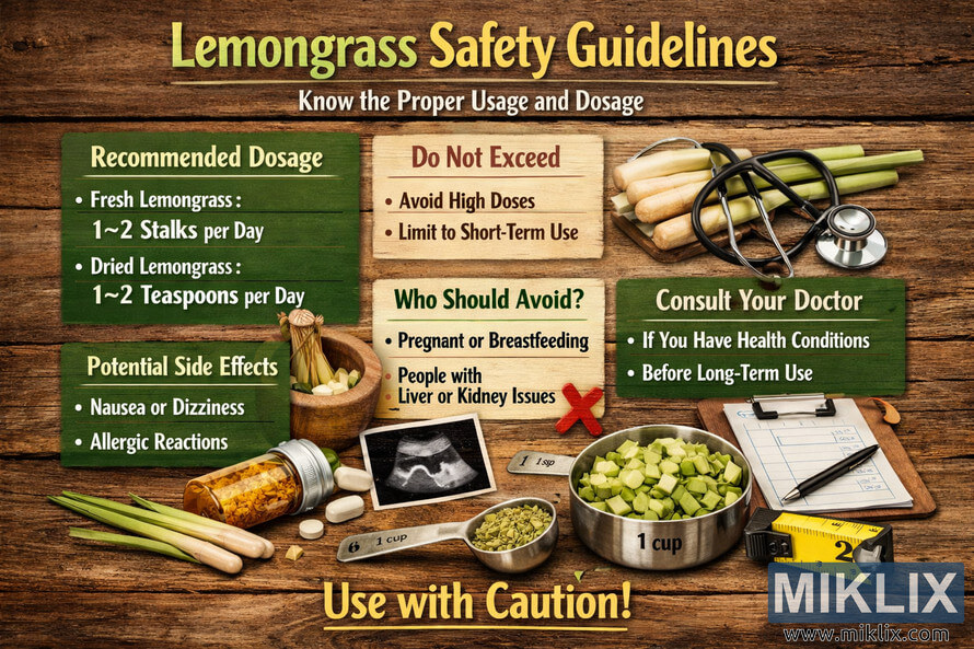 Landscape educational image showing lemongrass safety guidelines on a rustic wooden background, with sections for recommended dosage, cautions, potential side effects, vulnerable groups, and medical consultation, accompanied by a measuring cup of chopped lemongrass, a teaspoon of dried lemongrass, and a tape measure emphasizing careful, moderate consumption. Landscape educational image showing lemongrass safety guidelines on a rustic wooden background, with sections for recommended dosage, cautions, potential side effects, vulnerable groups, and medical consultation, accompanied by a measuring cup of chopped lemongrass, a teaspoon of dried lemongrass, and a tape measure emphasizing careful, moderate consumption.