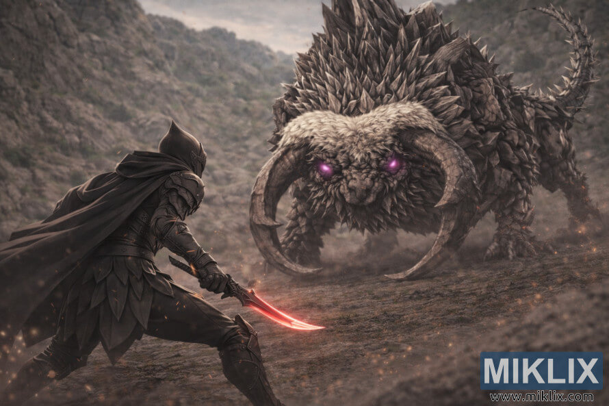 An armored Tarnished warrior faces a massive Fallingstar Beast with glowing purple eyes in the rocky Hinterland of Elden Ring: Shadow of the Erdtree. An armored Tarnished warrior faces a massive Fallingstar Beast with glowing purple eyes in the rocky Hinterland of Elden Ring: Shadow of the Erdtree.