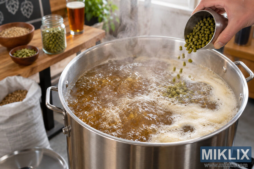 Landscape photo of a stainless-steel homebrewing kettle filled with vigorously boiling amber wort as a hand pours green hop pellets into the rolling boil, with brewing grains and additional hops nearby. Landscape photo of a stainless-steel homebrewing kettle filled with vigorously boiling amber wort as a hand pours green hop pellets into the rolling boil, with brewing grains and additional hops nearby.