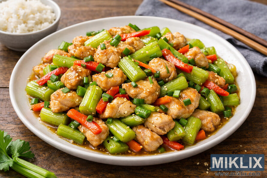 Celery and chicken stir-fry served on a white plate with colorful vegetables and sesame garnish.