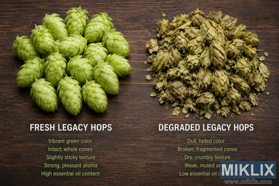 Side-by-side comparison image showing fresh Legacy hops on the left and degraded Legacy hops on the right. The fresh hops appear bright green, plump, intact, and visually healthy, while the degraded hops appear faded olive-brown, fragmented, dry, and brittle. Text labels highlight differences in color, cone integrity, texture, aroma strength, and essential oil content. Both hop samples are displayed on a dark wooden surface under even lighting. Side-by-side comparison image showing fresh Legacy hops on the left and degraded Legacy hops on the right. The fresh hops appear bright green, plump, intact, and visually healthy, while the degraded hops appear faded olive-brown, fragmented, dry, and brittle. Text labels highlight differences in color, cone integrity, texture, aroma strength, and essential oil content. Both hop samples are displayed on a dark wooden surface under even lighting.