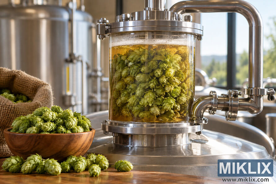 Photorealistic brewery scene showing a transparent stainless-steel hop back filled with green whole-cone hops and golden wort, surrounded by polished brewing pipes, with fresh hops in a wooden bowl and burlap sack in the foreground.