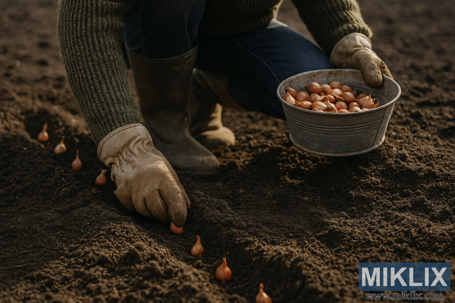 Gardener planting onion sets in freshly tilled spring garden soil