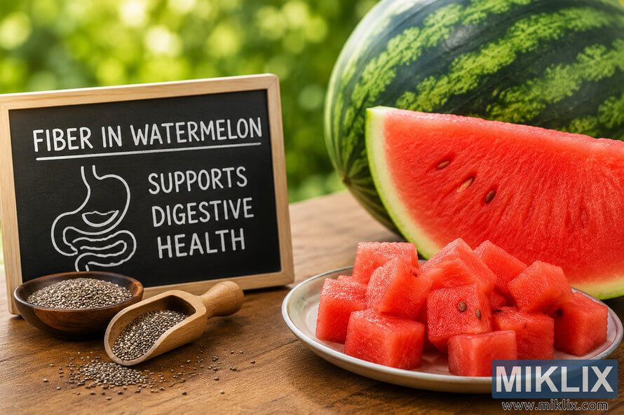 A photorealistic landscape image showing a whole watermelon, a sliced watermelon, and fresh watermelon cubes beside a chalkboard reading "Fiber in Watermelon" and "Supports Digestive Health," with a simple digestive system illustration and wooden bowls containing fiber-rich seeds on a rustic wooden table against a softly blurred green outdoor background.
