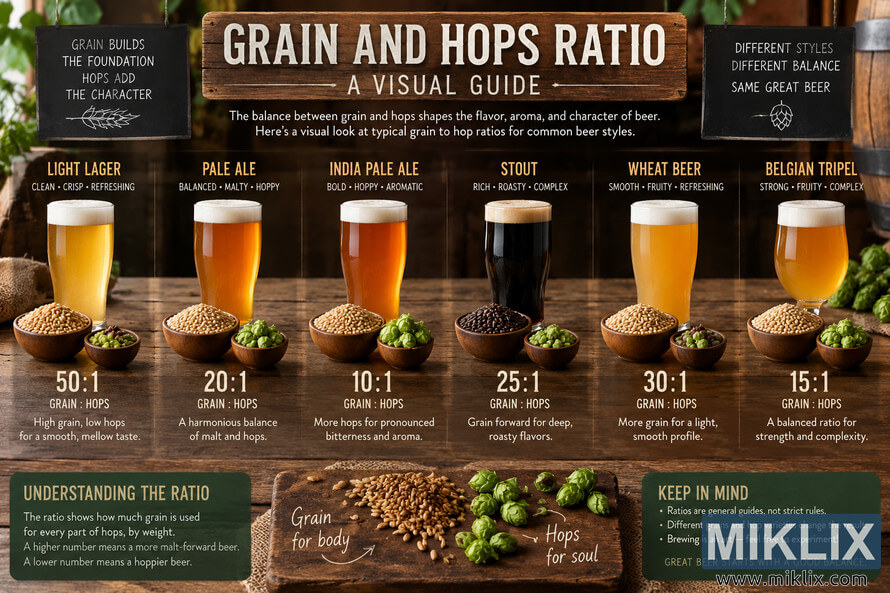 Landscape infographic showing six beer styles with glasses, bowls of grain and green hops, and example grain-to-hops ratios, set on a rustic wooden brewery-style background with explanatory chalkboards. Landscape infographic showing six beer styles with glasses, bowls of grain and green hops, and example grain-to-hops ratios, set on a rustic wooden brewery-style background with explanatory chalkboards.