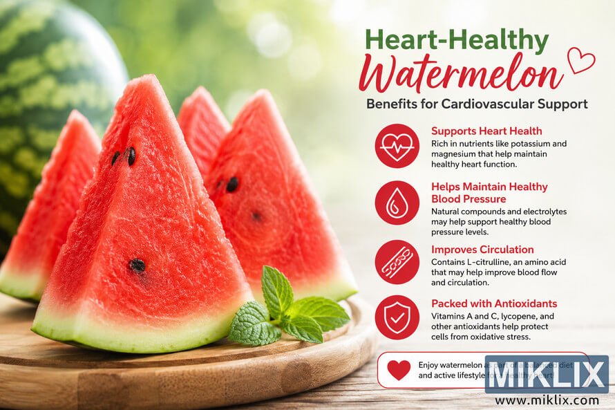 A landscape infographic featuring fresh watermelon slices on a wooden board with a soft green background. The right side presents heart-health information using red circular icons and text highlighting cardiovascular support, healthy blood pressure, circulation, and antioxidant benefits.