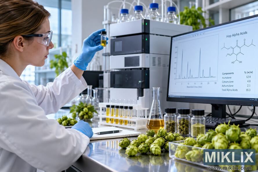 Scientist in safety glasses and blue gloves examines a golden hop extract in a modern laboratory beside green hop cones, prepared samples, chromatography equipment, and a computer displaying hop alpha-acid analytical results. Scientist in safety glasses and blue gloves examines a golden hop extract in a modern laboratory beside green hop cones, prepared samples, chromatography equipment, and a computer displaying hop alpha-acid analytical results.