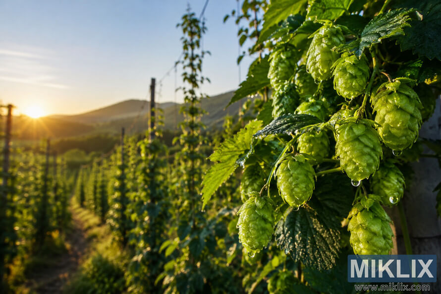 Close-up of dew-covered green Sylva hop flowers climbing trellises in a vibrant hop garden at sunrise, with rows of hop plants, rolling hills, and a softly blurred countryside landscape in the background. Close-up of dew-covered green Sylva hop flowers climbing trellises in a vibrant hop garden at sunrise, with rows of hop plants, rolling hills, and a softly blurred countryside landscape in the background.