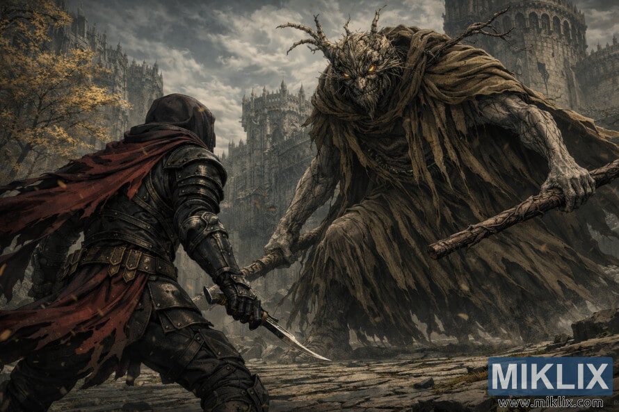 Dark-fantasy digital painting of an armored warrior seen from behind facing a towering horned boss in a ruined gothic castle courtyard under stormy skies.