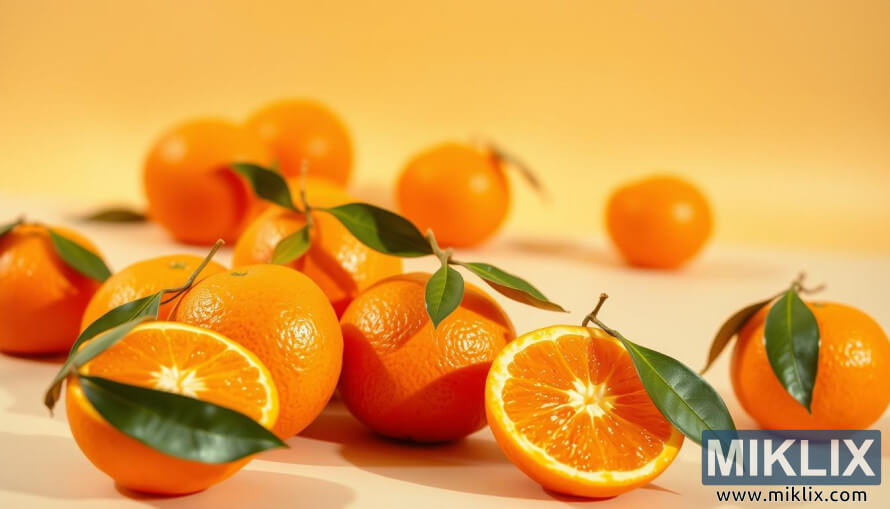 Naranjas jugosas dispuestas en capas sobre un fondo suave bajo una cÃ¡lida luz natural.