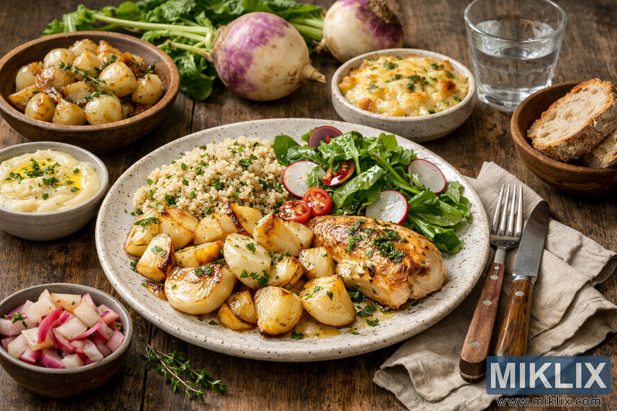 High-resolution photo of a complete meal on a rustic wooden table featuring turnips as the main vegetable component, including roasted turnips with parsley on a speckled ceramic plate alongside grilled chicken with herb sauce, quinoa pilaf, a fresh salad with baby greens, radishes, and cherry tomatoes, a bowl of creamy turnip purée, glazed turnips with caramelized onions, a turnip and potato gratin, raw turnips with greens in the background, a slice of crusty bread in a wooden bowl, a pickled turnip and red onion salad, a glass of water, and wooden-handled cutlery on a beige linen napkin. High-resolution photo of a complete meal on a rustic wooden table featuring turnips as the main vegetable component, including roasted turnips with parsley on a speckled ceramic plate alongside grilled chicken with herb sauce, quinoa pilaf, a fresh salad with baby greens, radishes, and cherry tomatoes, a bowl of creamy turnip purée, glazed turnips with caramelized onions, a turnip and potato gratin, raw turnips with greens in the background, a slice of crusty bread in a wooden bowl, a pickled turnip and red onion salad, a glass of water, and wooden-handled cutlery on a beige linen napkin.