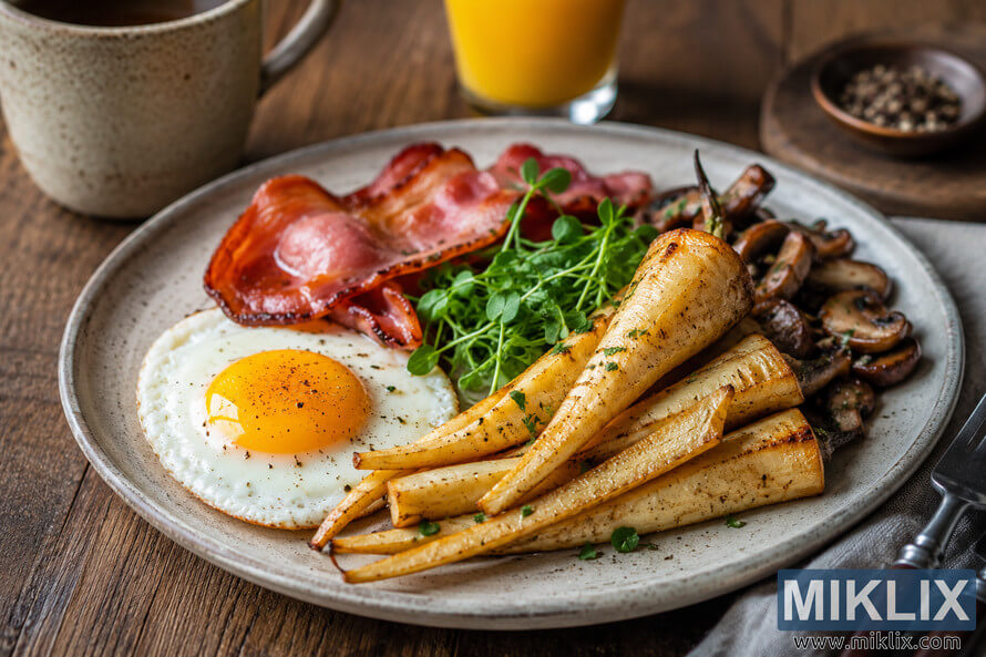 A beautifully presented breakfast featuring roasted parsnips, a sunny-side-up egg, crispy bacon, sautéed mushrooms, fresh microgreens, orange juice, and a ceramic mug on a rustic wooden table. A beautifully presented breakfast featuring roasted parsnips, a sunny-side-up egg, crispy bacon, sautéed mushrooms, fresh microgreens, orange juice, and a ceramic mug on a rustic wooden table.