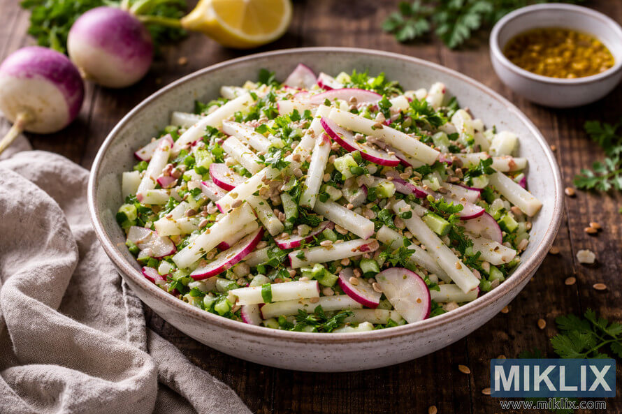 A bowl of raw turnip salad with radishes, herbs, and seeds served in a rustic ceramic bowl on a wooden table.
