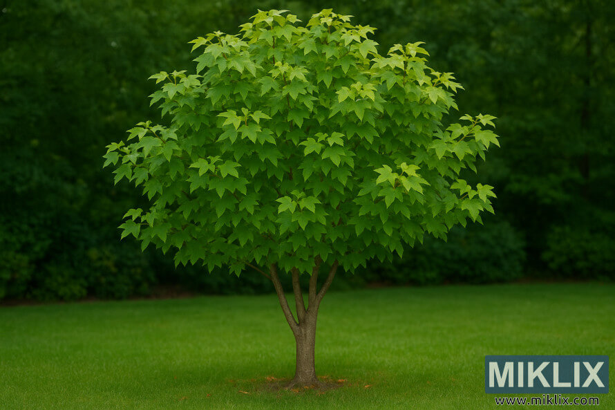 Ãrable trident avec canopÃ©e arrondie et feuilles vertes trilobÃ©es dans un jardin.