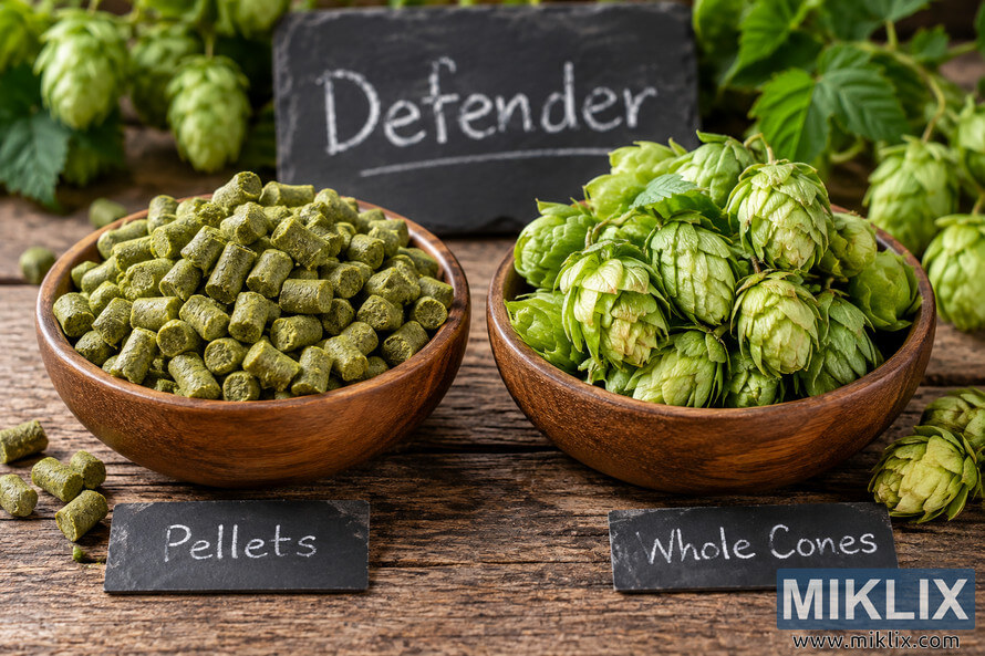 Side-by-side comparison of green hop pellets and whole hop cones in wooden bowls on a rustic table, labeled Pellets and Whole Cones, with hop foliage in the background. Side-by-side comparison of green hop pellets and whole hop cones in wooden bowls on a rustic table, labeled Pellets and Whole Cones, with hop foliage in the background.