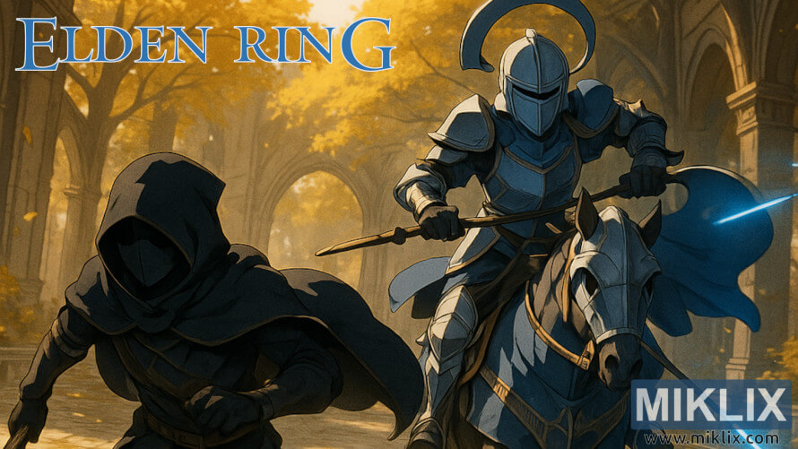 Anime-style scene of a hooded assassin fleeing on foot from an armored knight on horseback with a glowing spear in golden autumn ruins. Anime-style scene of a hooded assassin fleeing on foot from an armored knight on horseback with a glowing spear in golden autumn ruins.