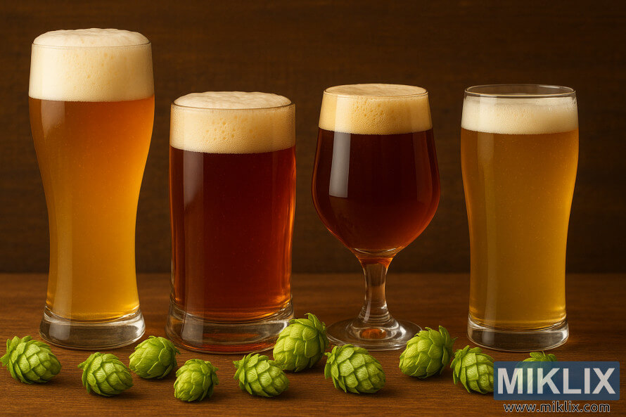 ÄaÅ¡e piva pivo sa Serebrianka hmelja na drvetu sa sveÅ¾im zelenim hmeljnim Å¡iÅ¡arkama u prvom planu pod toplim osvetljenjem.