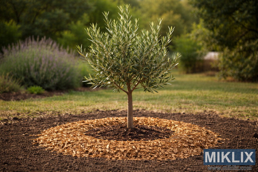 Young olive tree planted in the ground with a circular mulch ring and healthy silvery-green leaves in a garden setting. Young olive tree planted in the ground with a circular mulch ring and healthy silvery-green leaves in a garden setting.