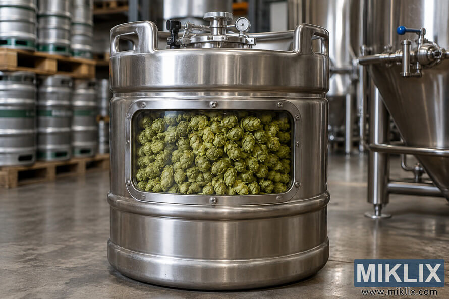 Stainless-steel commercial keg-style hop storage container with a large viewing window showing green hop cones, surrounded by tanks, kegs, pipes, and brewery equipment.