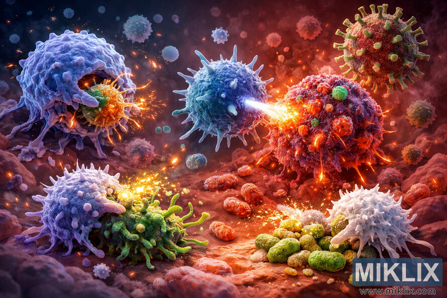 Digital illustration of immune system cells fighting infection, showing a macrophage engulfing bacteria, a T cell attacking an infected cell, a natural killer cell targeting a virus-infected cell, and neutrophils releasing antimicrobial substances onto a bacterial cluster, all within a glowing reddish-pink microscopic environment. Digital illustration of immune system cells fighting infection, showing a macrophage engulfing bacteria, a T cell attacking an infected cell, a natural killer cell targeting a virus-infected cell, and neutrophils releasing antimicrobial substances onto a bacterial cluster, all within a glowing reddish-pink microscopic environment.