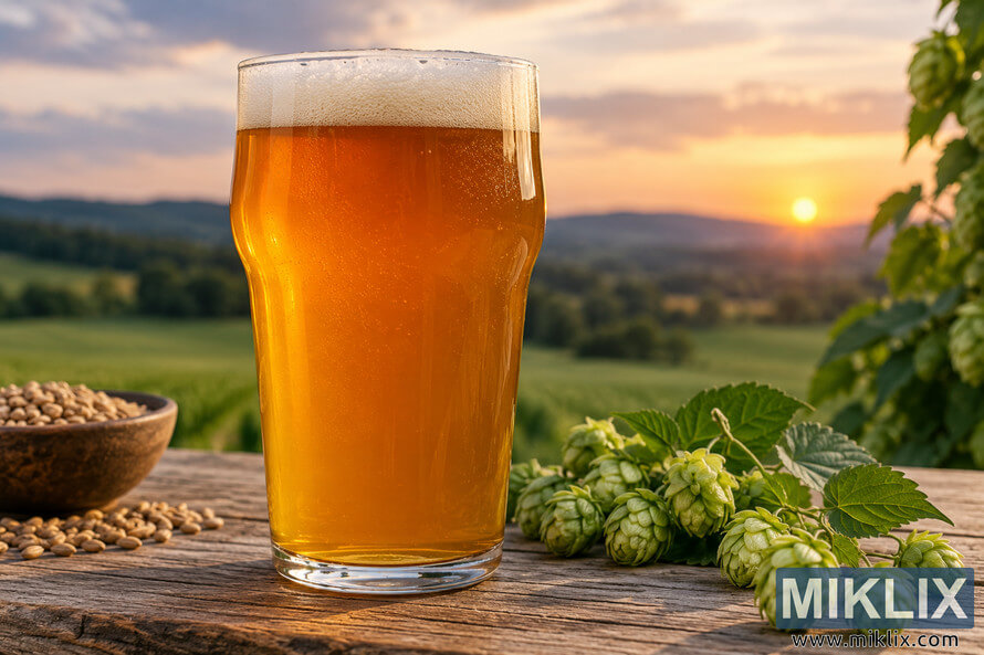 Unbranded pint of subtly hazy amber English pale ale on a rustic wooden table with fresh green hop cones and malted grain, photographed against softly blurred countryside fields and a warm golden-hour sunset.