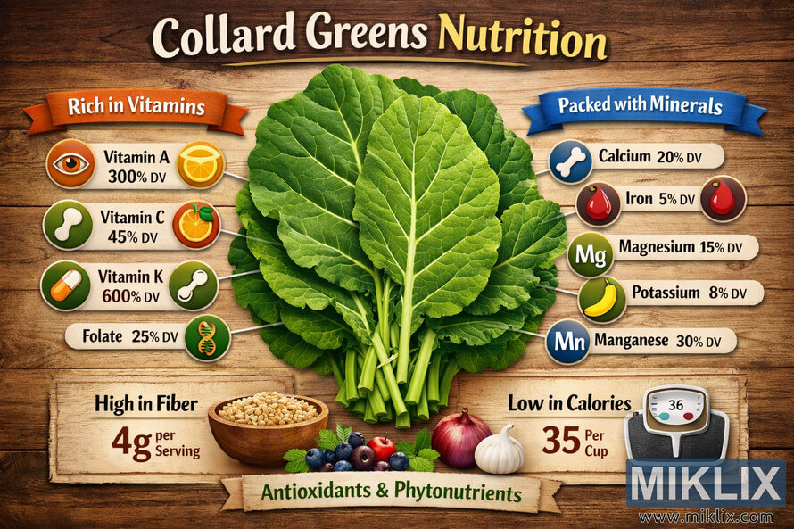 Infographic showing collard greens with labeled vitamins, minerals, fiber, and calorie information on a wooden background. Infographic showing collard greens with labeled vitamins, minerals, fiber, and calorie information on a wooden background.