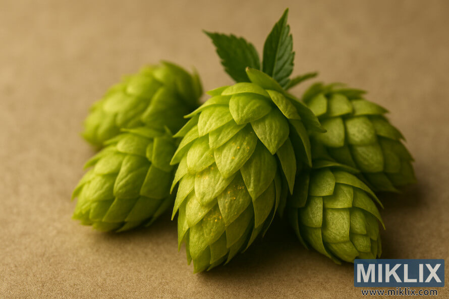 FriskhÃ¸stede Tahoma-humlekogler med grÃ¸nne hÃ¸jblade og gyldne lupulinkirtler pÃ¥ en neutral tekstureret baggrund.