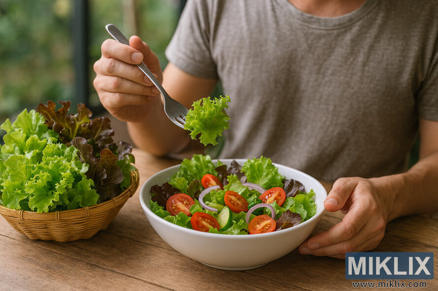 Person eating a fresh salad made with homegrown lettuce at a wooden table