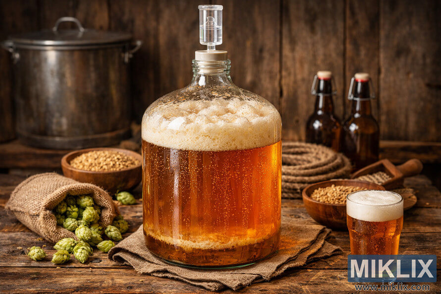 Heller Bock style lager fermenting in a glass carboy with foamy krausen on a rustic wooden brewing table surrounded by hops, grains, and bottles.