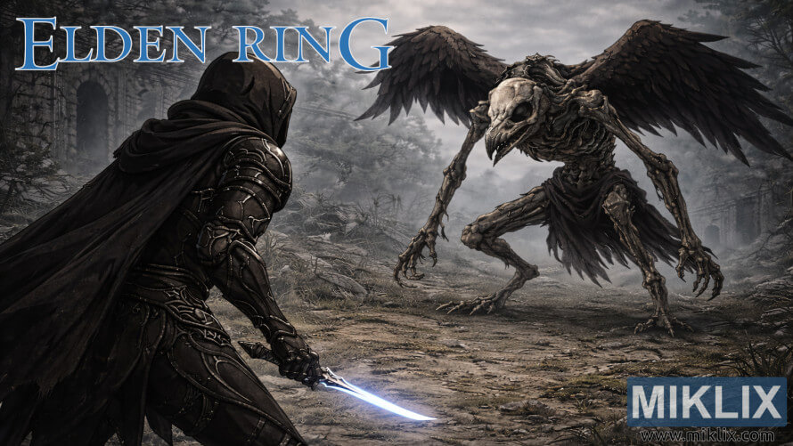 Isang maitim na pantasyang tagahangang likha ng isang manlalarong naka-hood na nakasuot ng Black Knife armor na nakaharap sa isang kalansay na halimaw na Deathbird sa sirang maulap na lupain mula sa Elden Ring.