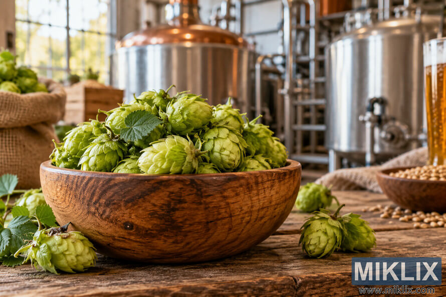 Fresh green hop cones piled in a wooden bowl on a rustic table, with stainless-steel and copper brewing tanks, malted grain, burlap, and amber beer softly visible in the background. Fresh green hop cones piled in a wooden bowl on a rustic table, with stainless-steel and copper brewing tanks, malted grain, burlap, and amber beer softly visible in the background.