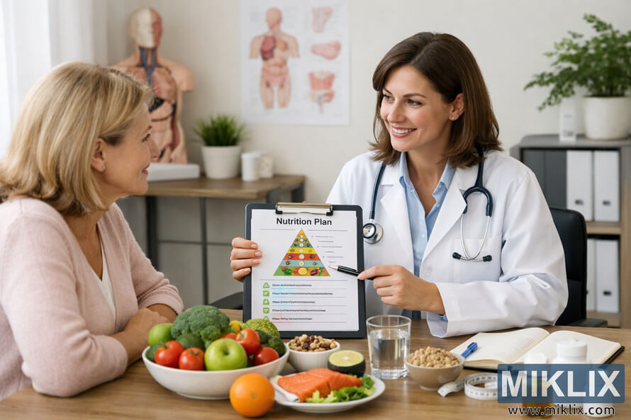 A female doctor in a white lab coat discusses a nutrition plan with a middle-aged woman in a bright medical office, surrounded by healthy foods and charts. A female doctor in a white lab coat discusses a nutrition plan with a middle-aged woman in a bright medical office, surrounded by healthy foods and charts.