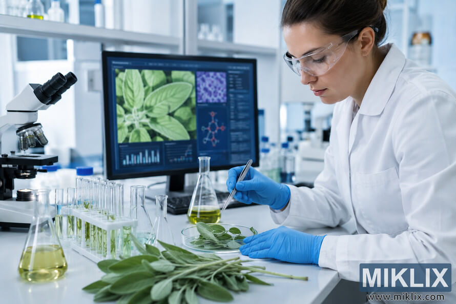 Female scientist in a modern laboratory researching sage leaves with microscope, test tubes, and digital plant analysis displayed on a computer screen.